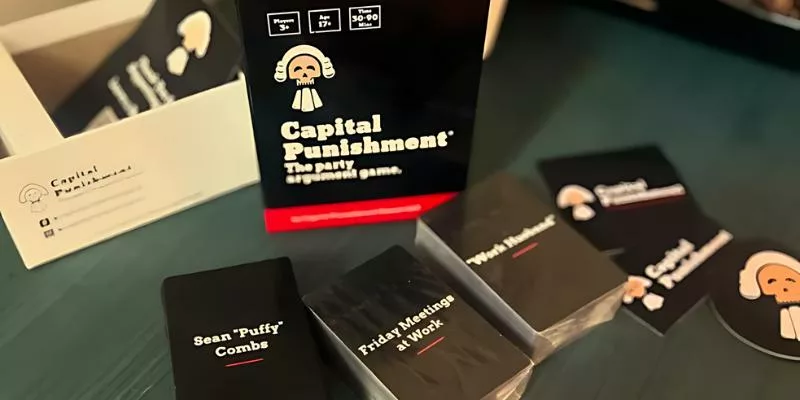 The image showcases the "Capital Punishment" party game, featuring sleek packaging and cards with prompts like "Sean 'Puffy' Combs" and "Friday Meetings at Work." The game is designed for fun, debate, and laughter, offering a glimpse into the humorous and thought-provoking discussions players can expect.