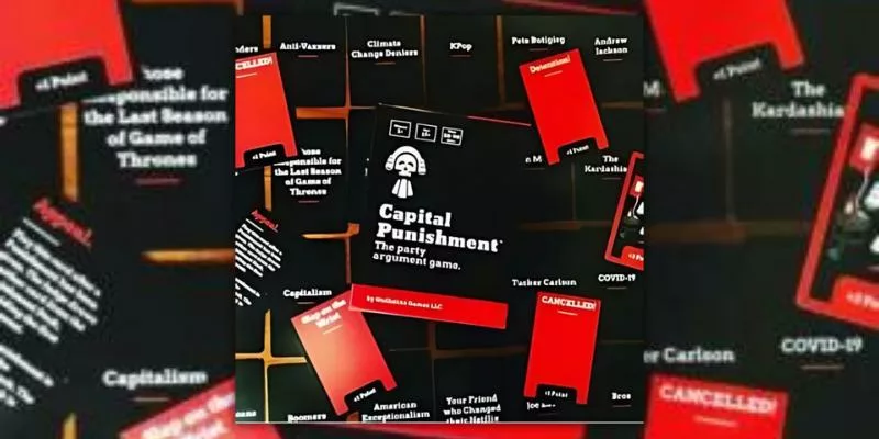 An assortment of 'Capital Punishment' game cards spread out, showcasing various controversial and humorous topics used in the game.