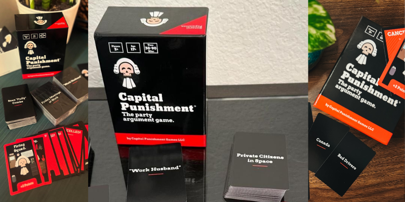 Capital Punishment card game box and cards with humorous and provocative phrases for party debates.