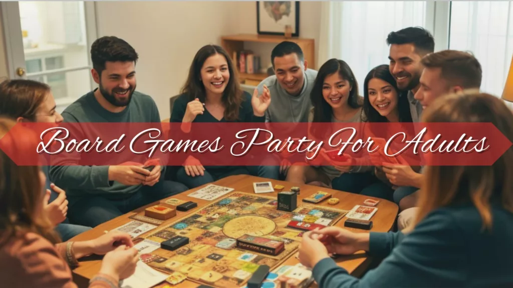 A group of adults enjoying a board game party, sitting around a table with various board games, laughing, and engaging in conversation.