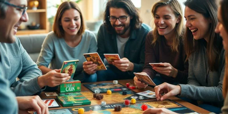 Group of friends smiling and playing a strategy board game together at a table.