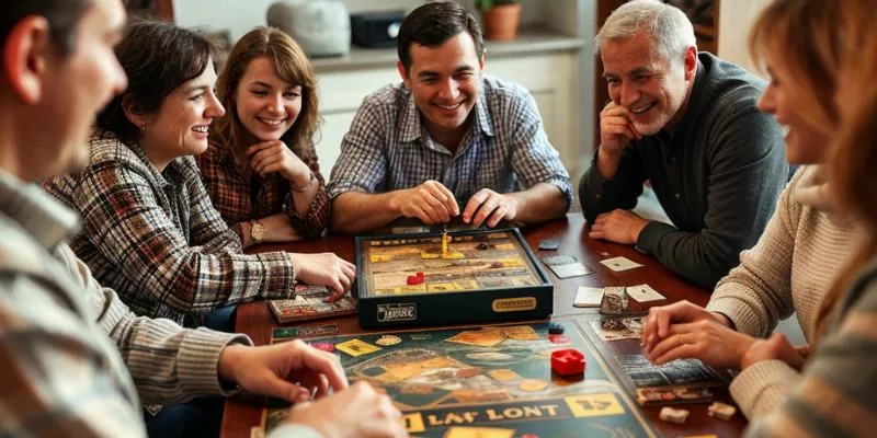 Group of people enjoying a board game night, smiling and engaged around a table.