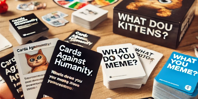 Cards Against Humanity and What Do You Meme? party games on a table.